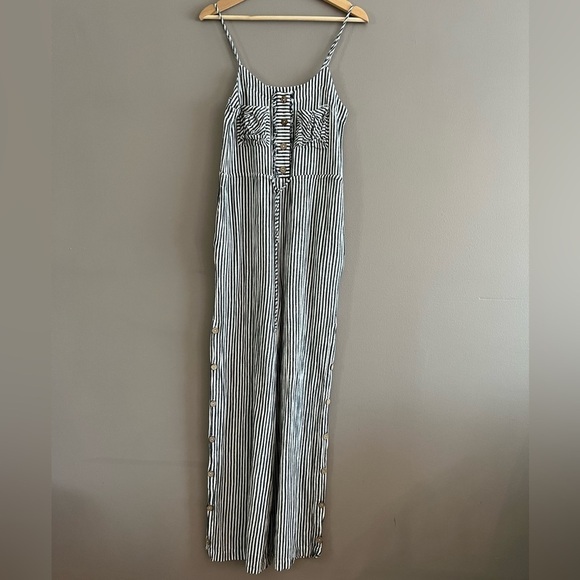 Ellor Jumpsuit Romper Pant White Black Stripe  Side Buttons Drawstring Sz XS - Picture 1 of 16